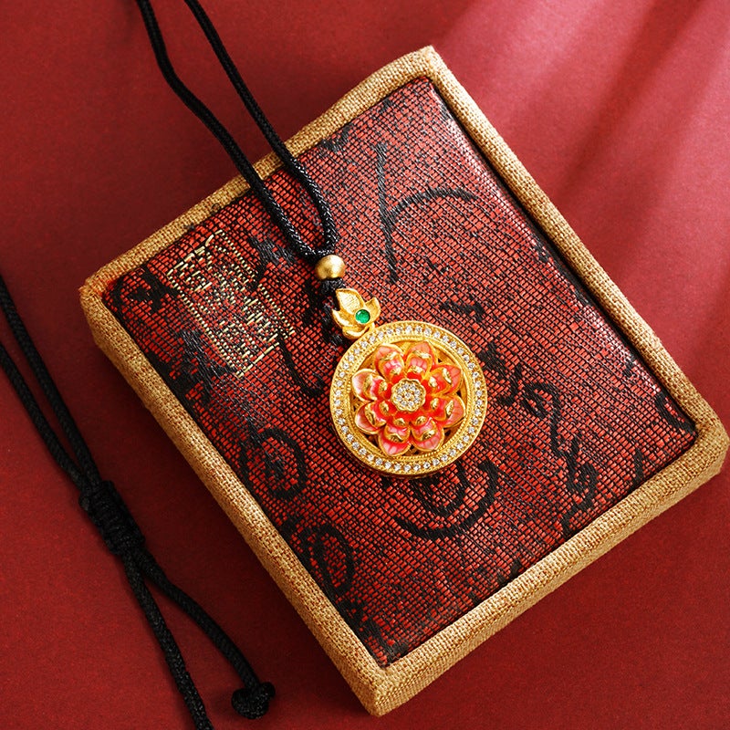 New Chinese Style Vietnamese Sand Gold Burned Blue Diamond Lotus Compasses Necklace Women'S All-Match High-End Hollow Pendant Rotatable - Image 2